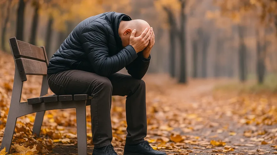 Muž sedící na lavičce v podzimním parku, se sklopenou hlavou a rukama na obličeji, obklopen spadaným listím